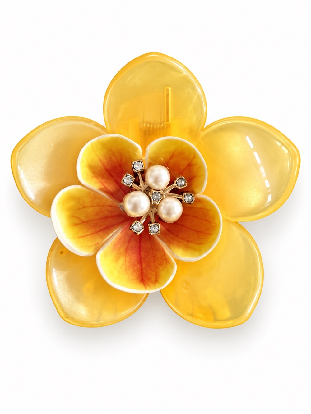 Bright Yellow & Orange Pearl Rhinestone Flower Floral 3“ Lobster Claw Hair Clip